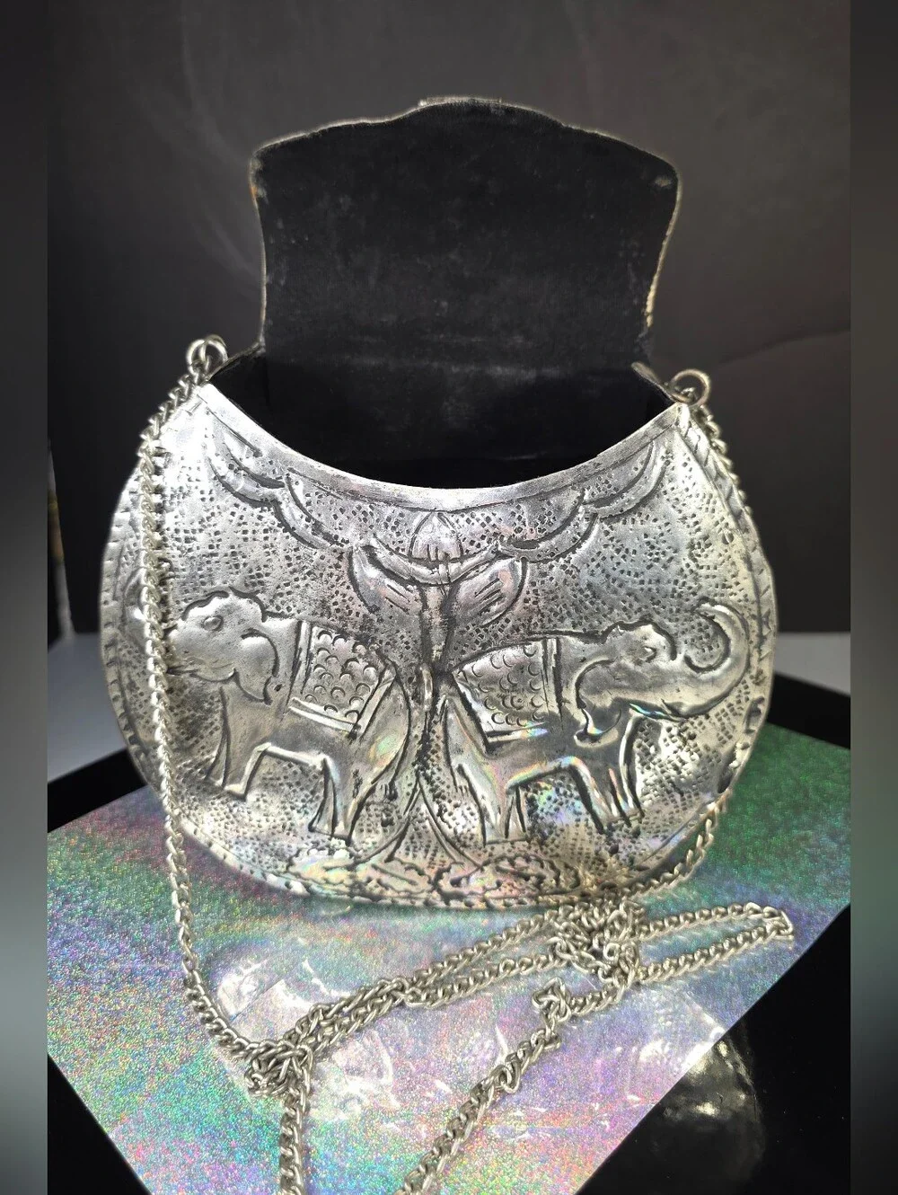 Ethnic Silver Women Gift Silver Etched Metal Elephant Bag Bridal Party Purse